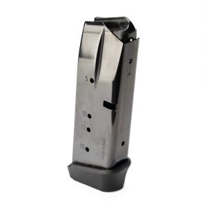 Close-up of a metal pistol magazine with numbers, standing upright on a white background.