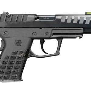 Profile view of a black Kel-Tec semi-automatic pistol with a textured grip and integrated accessory rail under a long slide.