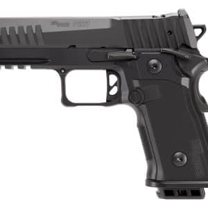 Side view of a black SIG SAUER P211 semi-automatic pistol with a textured grip and accessory rail on the underbarrel area