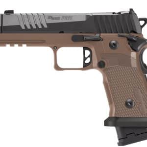 Side view of a semi-automatic pistol with a brown textured grip and black slide on a white background.