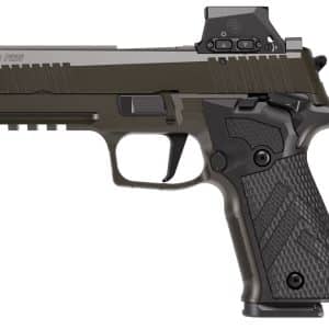 Semi-automatic pistol with a mounted optic and textured grip, shown in profile from the left side.