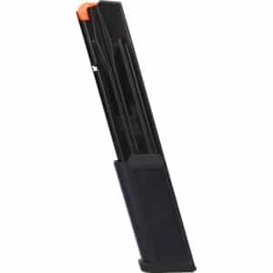 Black handgun magazine with an orange follower at the top, angled diagonally.