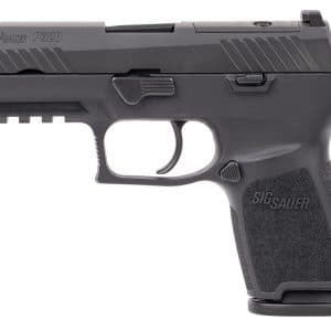 Side profile of a black SIG Sauer P320 semi-automatic pistol with a textured grip surface on the handle and serrated slide edges.