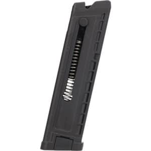 Pistol magazine with a visible metal spring inside, angled upright against a white background.