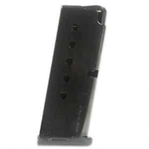 Black handgun magazine standing at an angle, with circular round-count holes along its body (informative image).