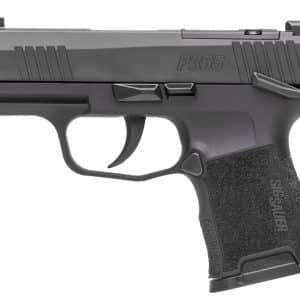 Side view of a black SIG Sauer P365 semi-automatic handgun with textured grip.