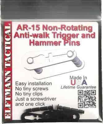 Packaging for AR-15 non-rotating anti-walk trigger and hammer pins; includes a simple diagram and notes about easy installation and no tiny screws.