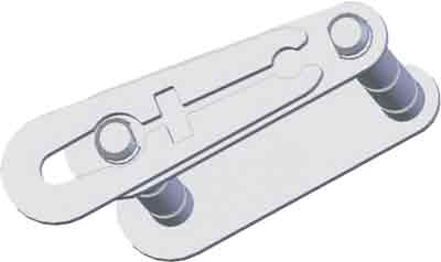 Isometric view of a metal hinge plate with a slotted central bar and two mounting screws