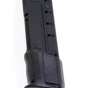 Black detachable pistol magazine with capacity markings (5, 10, 15, 20) standing upright.