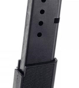 Black handgun magazine with six round-count holes and a textured base plate.