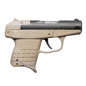 Side view of a tan Kel-Tec PR-3AT .380 pistol with textured grip and exposed trigger area.