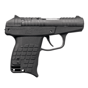 Side view of a black Kel-Tec P-3AT compact pistol, showing the slide, trigger, and textured grip.