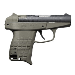 Close-up of an olive-drab semi-automatic pistol, showing the slide and textured grip from the left side.