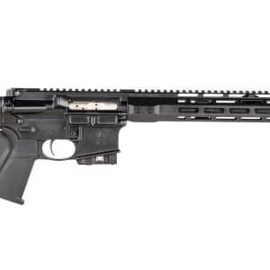 Black AR-15 style rifle with collapsible stock and long handguard, shown in profile on a white background.