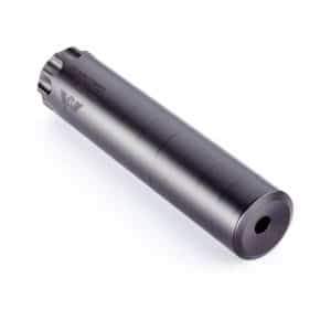 Metal firearm suppressor lying on a white background, showing its hollow muzzle end.