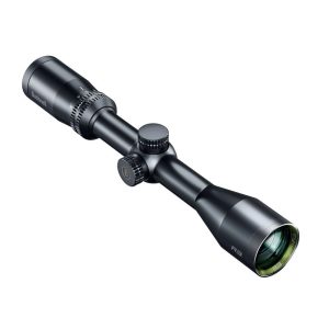 Bushnell rifle scope with adjustment knobs and large objective lens for precision aiming (image of a black scope)