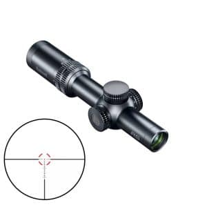 Rifle scope with adjustable turrets and a lens; inset shows a circular target reticle with a red center aiming point.