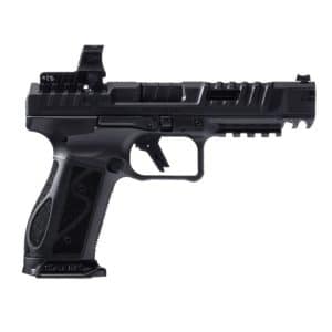 Side view of a black semi-automatic pistol with a textured grip and accessory rail (Picatinny rail) on a white background.