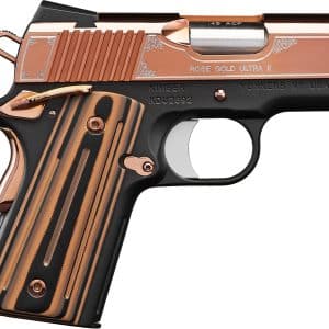 Close-up of a rose-gold accented semi-automatic pistol with engraved detailing on the slide and a striped grip.