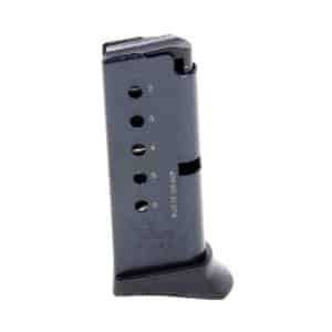 Black pistol magazine with numbered round indicator holes along the side and a rounded base.