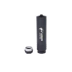 Black cylindrical firearm suppressor labeled 'SILENT BANDIT' with a separate threaded end cap beside it, against a white background