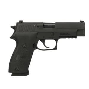 Black semi-automatic pistol shown in a left-side profile view with textured grip and slide details visible.