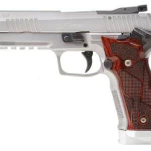 Silver semi-automatic pistol with a brown textured grip and white accents, shown in profile.