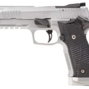 Side view of a silver semi-automatic pistol with a black textured grip on a white background.