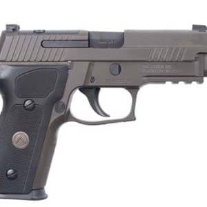 Side view of a gray semi-automatic pistol with a textured grip and accessory rail.