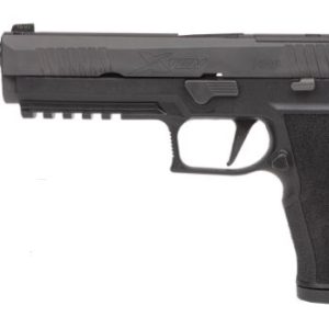 Side view of a black semi-automatic pistol with a textured grip and accessory rail under the barrel.