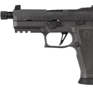 Semi-automatic handgun shown from the side, black with textured grip and trigger guard visible