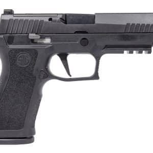 Left-side view of a black semi-automatic pistol with a textured grip and rail system