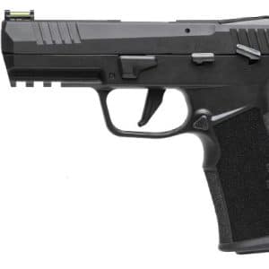 Black semi-automatic pistol shown in profile, with a textured grip and accessory rails on the slide.