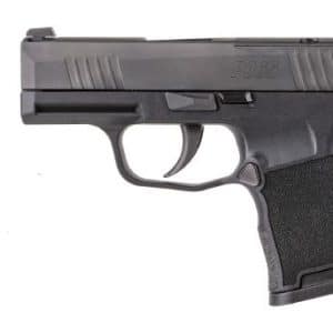 Profile view of a black semi-automatic pistol on a white background, showing the grip and trigger guard.