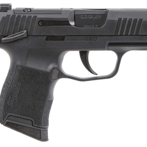 Side view of a black SIG Sauer semi-automatic pistol with textured grip and slide serrations.