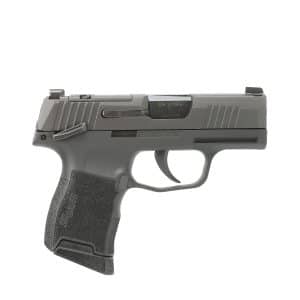 Side view of a semi-automatic pistol with a textured grip and serrated slide, shown against a white background.