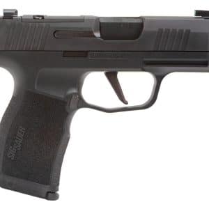 Black semi-automatic handgun shown in profile with textured grip.