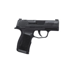 Side view of a black SIG Sauer semi-automatic pistol with a textured grip and trigger.
