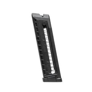 Detachable handgun magazine with visible rounds shown in a black polymer body