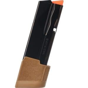 Lipstick in a brown textured case with an orange-tipped bullet, angled upward for a product shot