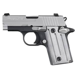 Left-side view of a silver Sig Sauer P238 compact pistol with a black grip and textured frame.