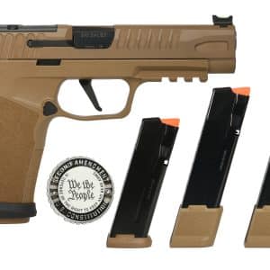 Tan SIG SAUER handgun shown in side profile with multiple black magazines fanned to the right and a round emblem nearby (display setup).