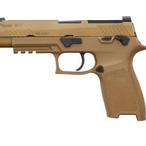 Side-profile view of a tan SIG Sauer M17 semi-automatic pistol with textured grip and black controls against a white background.