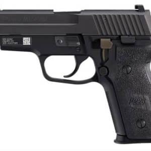 Left-side view of a black semi-automatic pistol with textured grip and serrated slide, shown in detail