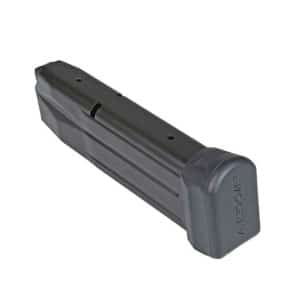 Black firearm magazine with a rounded bottom cap, shown at an angle on a white background