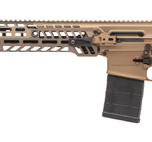 Tan semi-automatic rifle with a long rail fore-end, Picatinny rails, and a detachable box magazine mounted below the grip area