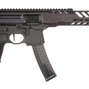 Black semi-automatic rifle with an adjustable stock, full-length Picatinny rail, and curved magazine. The long barrel has a muzzle device and rail covers along the forend.