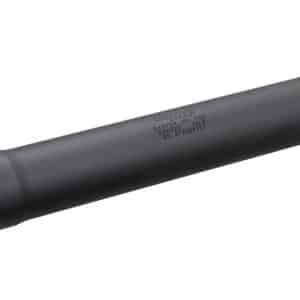 Black cylindrical firearm suppressor (silencer) with a ventilated end cap on one side and a plain cap on the other surface, matte finish
