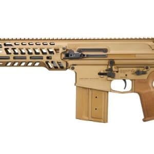 Tan AR-style semi-automatic rifle with a long rail system and tan stock, shown in profile on a white background.
