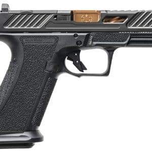 Close-up side view of a black semi-automatic pistol highlighting the textured grip and metal slide.
